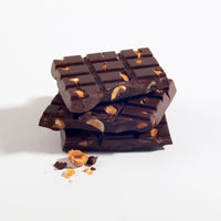 Charles Chocolates Salty-Sweet Hazelnut Bar, broken pieces stacked