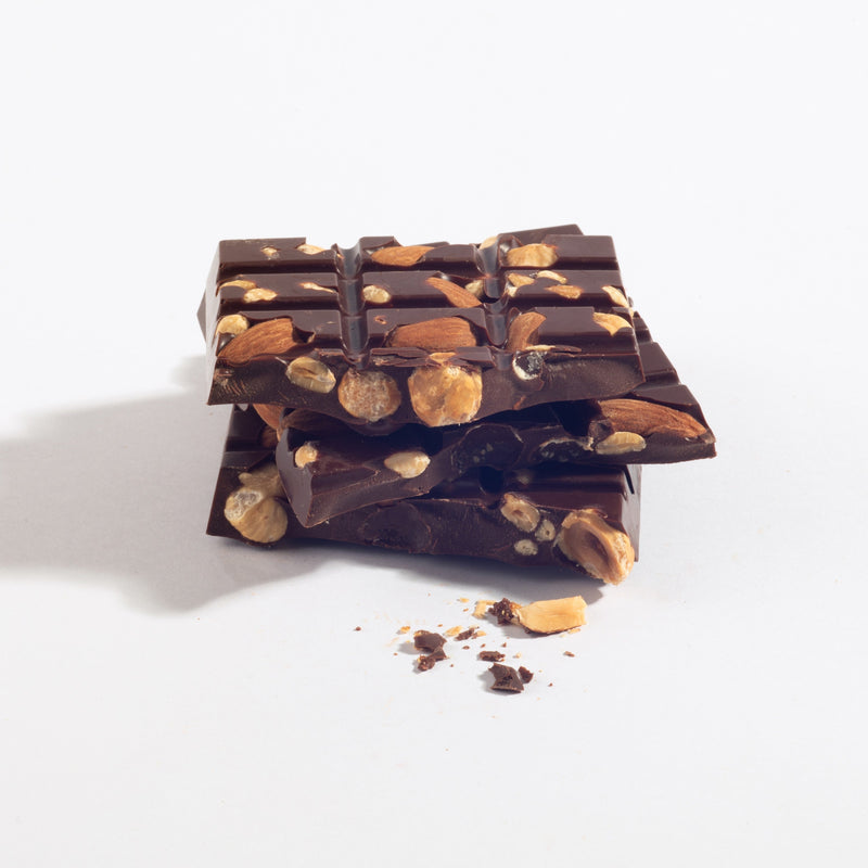 Charles Chocolates Tres Cojones (Triple Nut) Bar, broken pieces stacked