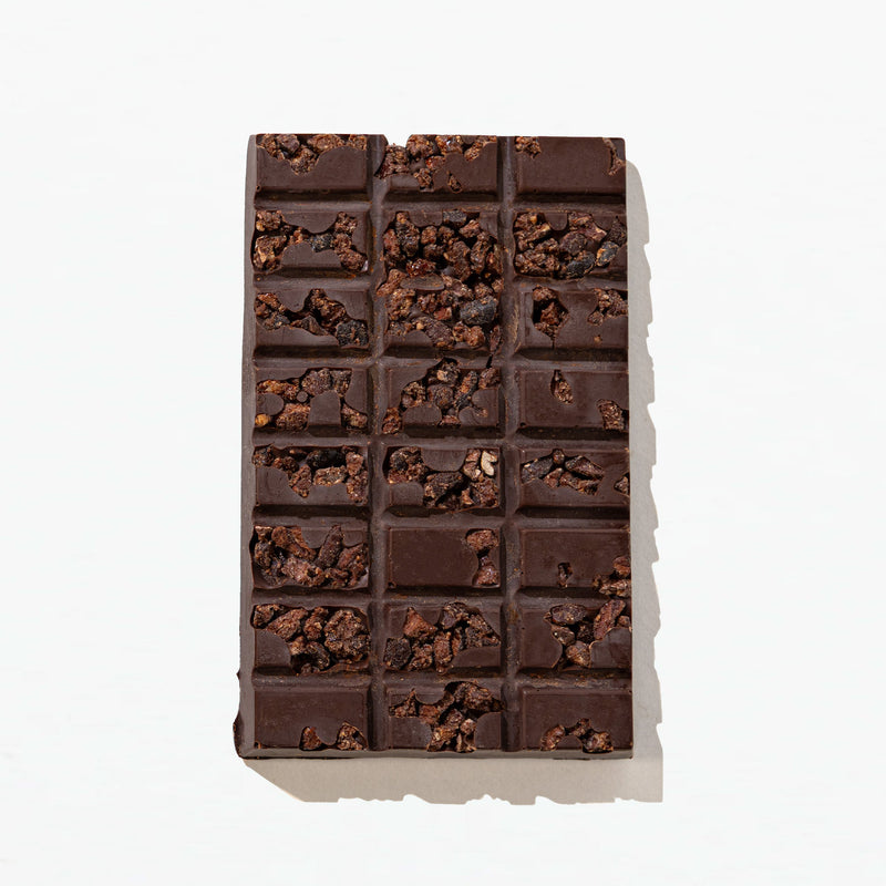 Charles Chocolates Caramelized Cocoa Nib Bar, unwrapped