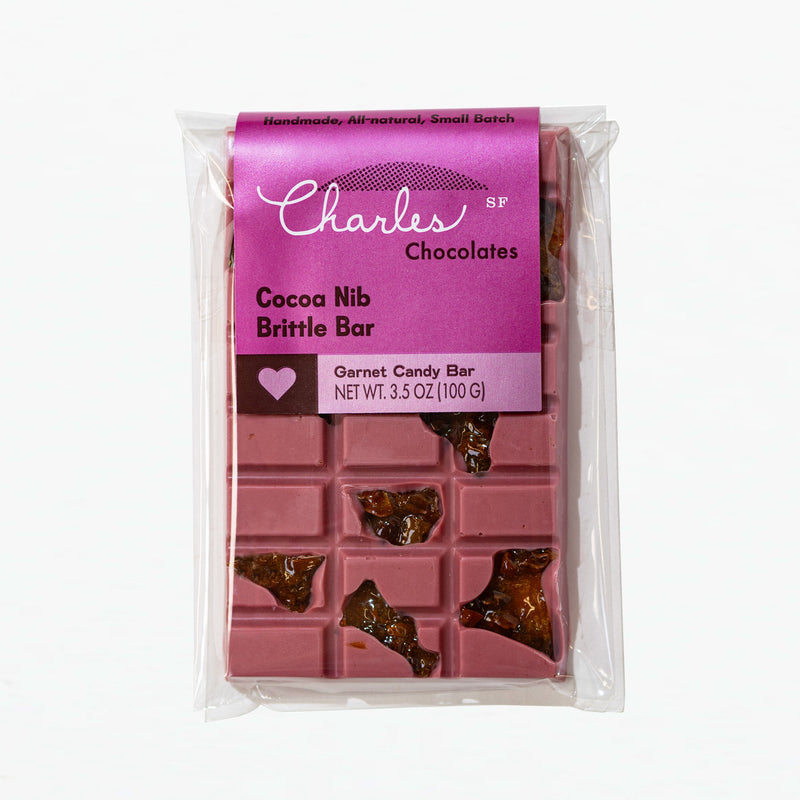 Charles Chocolates Ruby Garnet Cocoa Nib Brittle Bar, wrapped