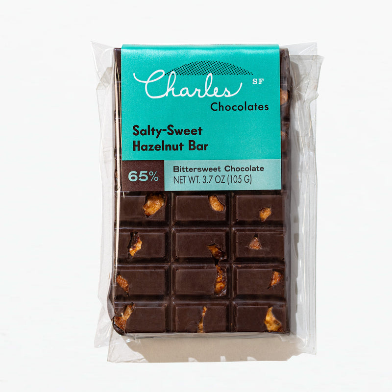 Charles Chocolates Salty-Sweet Hazelnut Bar, wrapped