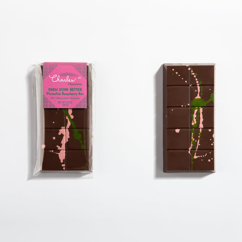 Dubai Done Better Raspberry Ganache Bar, wrapped and unwrapped side by side