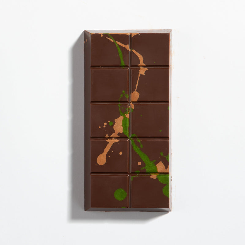 Charles Chocolates Dubai Done Better Pistachio Milk Chocolate Caramel Bar, unwrapped