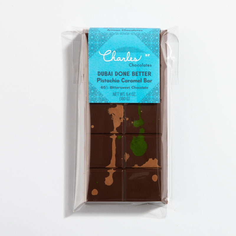 Charles Chocolates Dubai Done Better Pistachio Milk Chocolate Caramel Bar, wrapped
