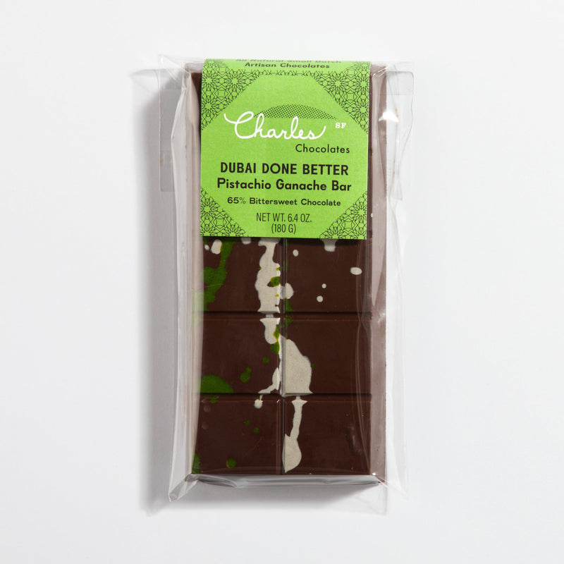 Charles Chocolates Dubai Done Better Pistachio Ganache Bar, wrapped