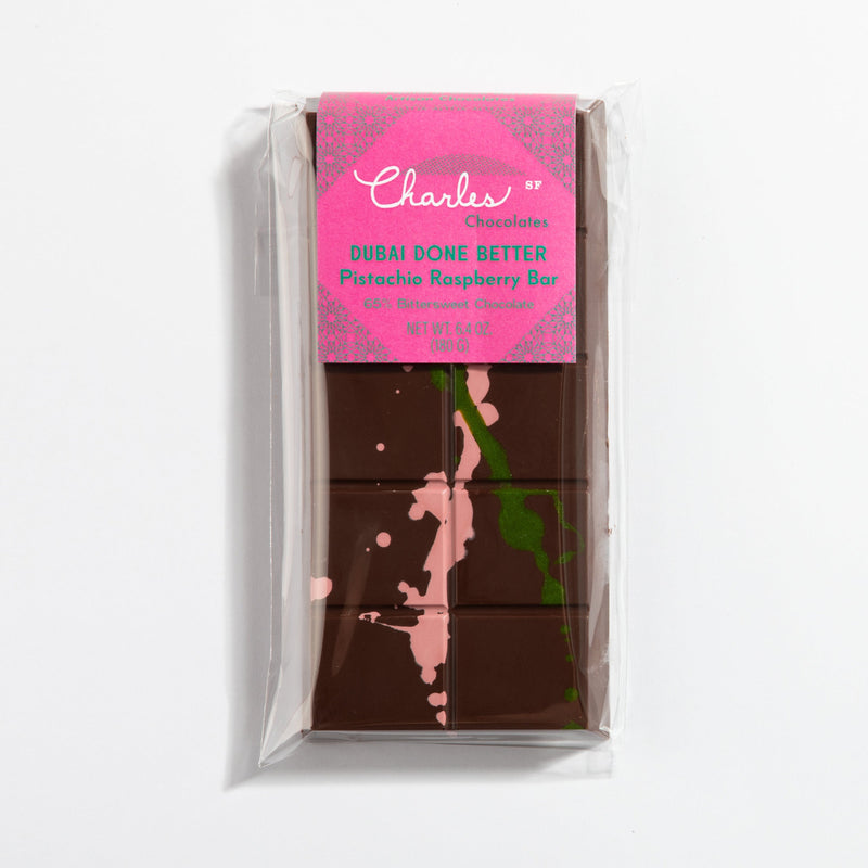 Charles Chocolates Dubai Done Better Raspberry Ganache Bar, wrapped