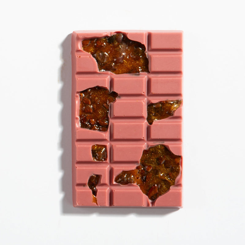 Charles Chocolates Ruby Garnet Cocoa Nib Brittle Bar, unwrapped