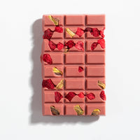 Charles Chocolates Ruby Garnet Raspberry & Pistachio Bar, unwrapped