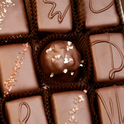 A close up of some of the chocolate pieces in the 12 piece assortment.