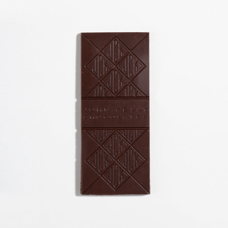 John Kelly Chocolates Dark Chocolate Bar with Roasted Almonds & Pink Himalayan Salt, unwrapped