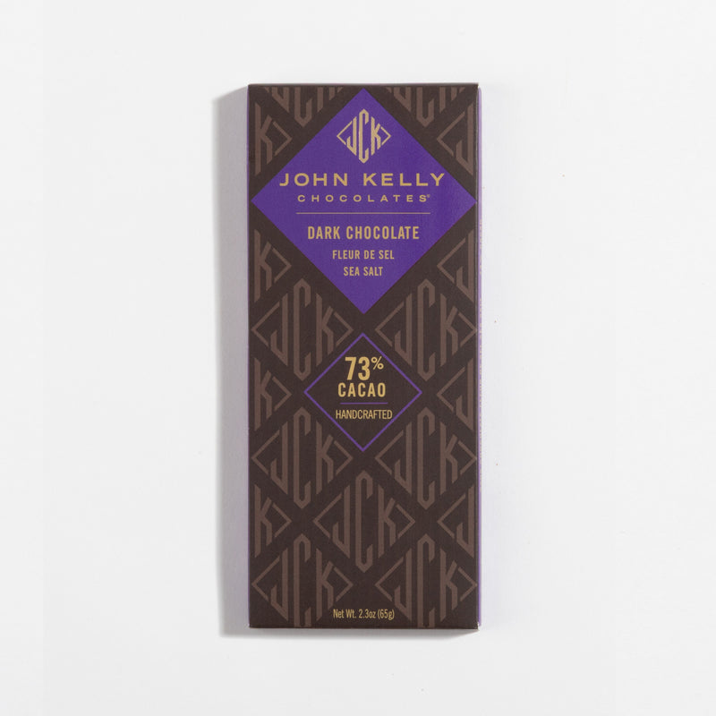 John Kelly Chocolates Dark Chocolate Bar with Fleur de Sel, in its wrapper