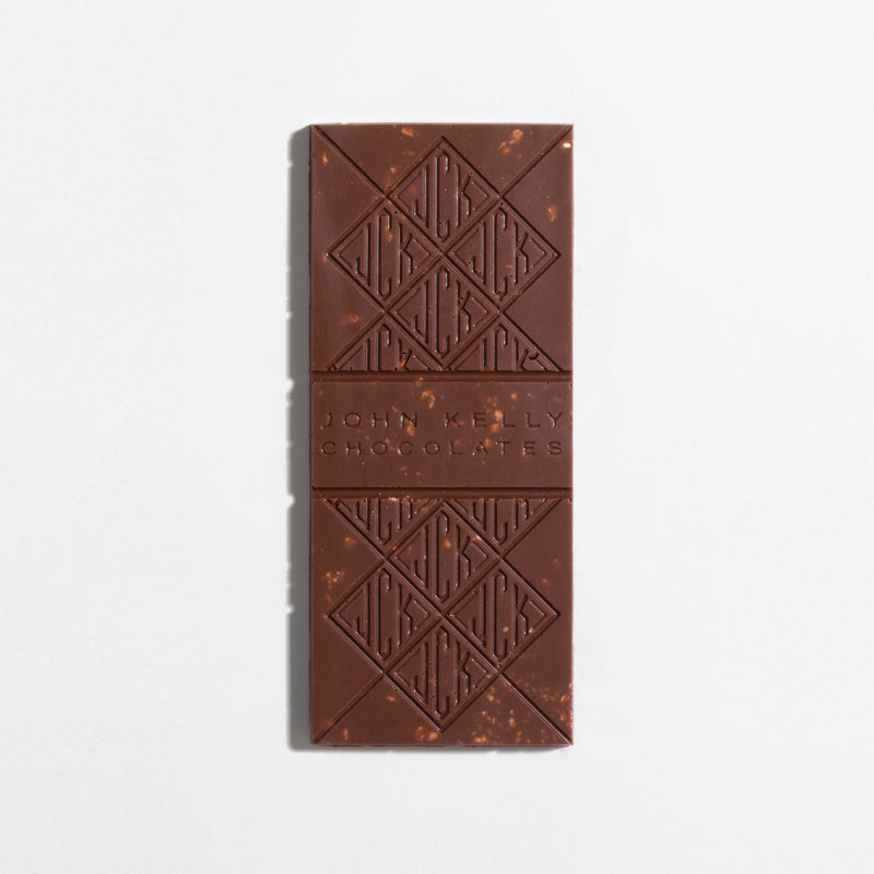 John Kelly Chocolates Milk Chocolate Bar with Roasted Hazelnuts & Mediterranean Salt, unwrapped