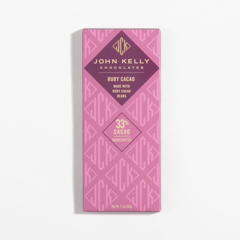 John Kelly Chocolates Ruby Cacao Bar, in its wrapper