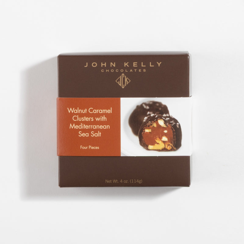 John Kelly Chocolates 4 Piece Walnut Caramel Cluster with Mediterranean Sea Salt, closed