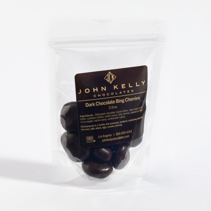 John Kelly Chocolates Dark Chocolate Bing Cherries, in its pouch