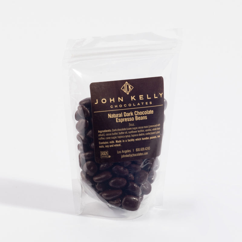 John Kelly Chocolates Dark Chocolate Coated Espresso Beans, in its pouch