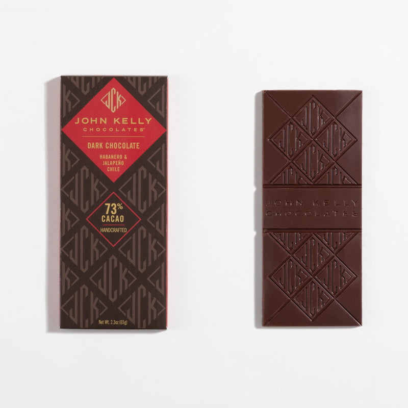 John Kelly Chocolates Dark Chocolate Bar with Habanero & Jalapeño, wrapper and bar side by side