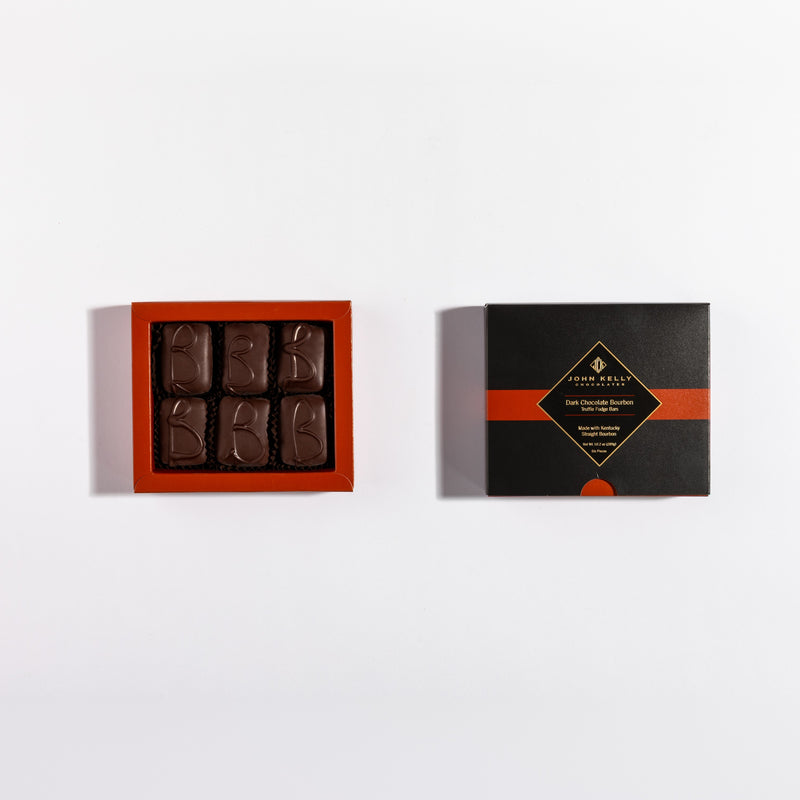 John Kelly Chocolates 6 Piece Dark Chocolate with Bourbon, closed box and open box side by side