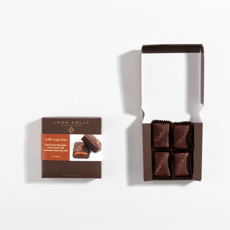 John Kelly Chocolates 4 Piece Semi-Sweet Chocolate & Caramel w/Hawaiian Alaea Sea Salt, closed box and open box side by side