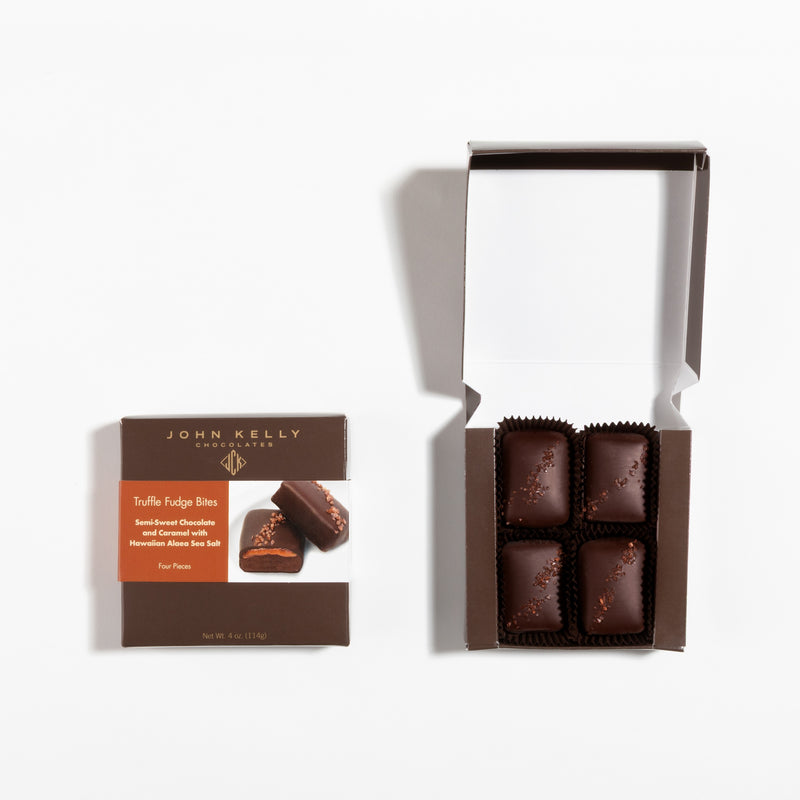 John Kelly Chocolates 4 Piece Semi-Sweet Chocolate & Caramel w/Hawaiian Alaea Sea Salt, closed box and open box side by side