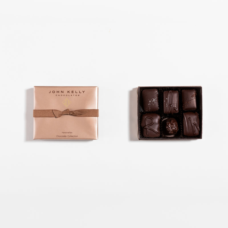 John Kelly Chocolates 6 Piece Signature Handcrafted Chocolate Collection, closed box and open box side by side