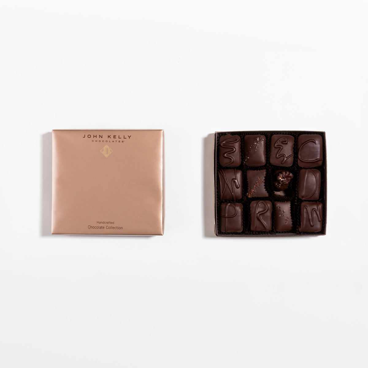 John Kelly Chocolates 12 Piece Signature Handcrafted Chocolate Collection, closed box and open box side by side