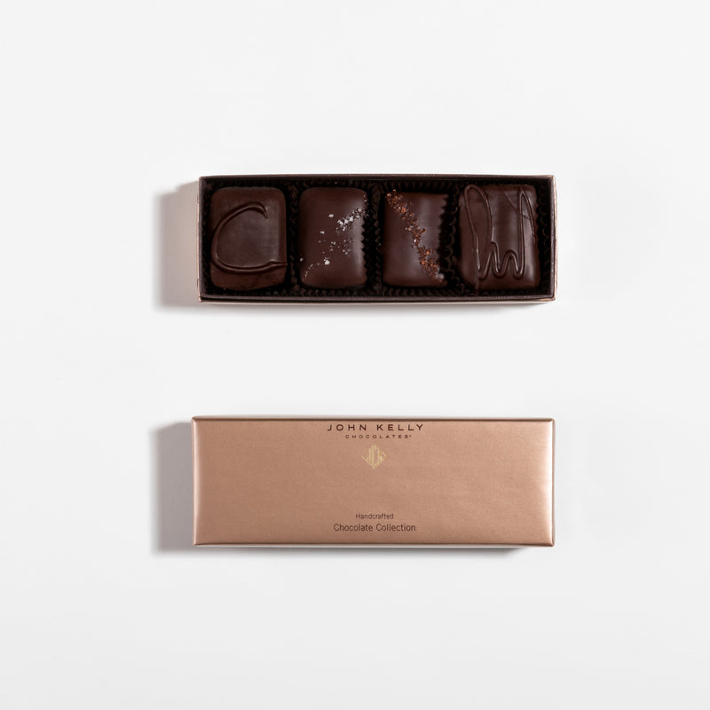 John Kelly Chocolates 4 Piece Signature Handcrafted Chocolate Collection, open box above closed box