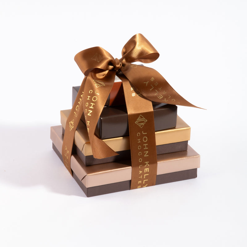 John Kelly Chocolates Large Assorted Gift Tower, tied with the John Kelly satin ribbon
