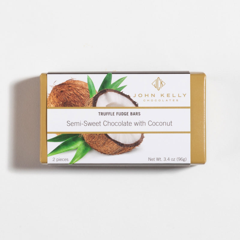 John Kelly Chocolates 2 Piece Semi-Sweet Chocolate with Coconut, closed
