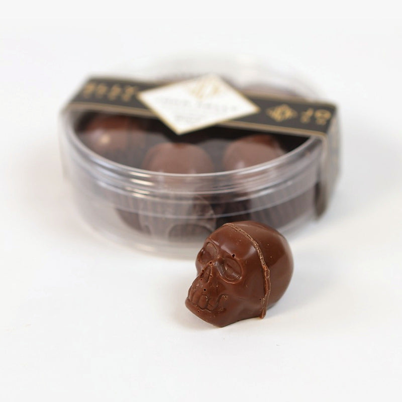 5-Piece Milk Chocolate Skulls with S'mores Filling, closed box with one skull in front