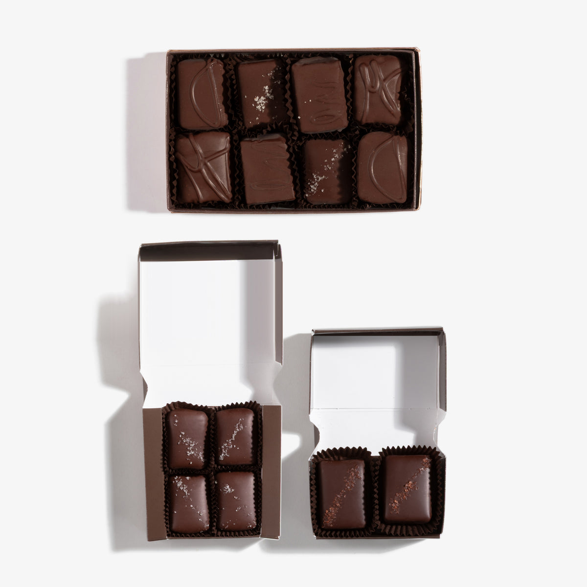Medium Assorted Gift Tower, every box opened: 8pc Signature, 4pc Dark Chocolate with French Grey Sea Salt, 2pc Chocolate & Caramel with Red Hawaiian Alaea Sea Salt